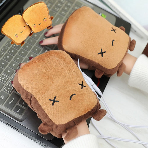 USB Warmer Heated Gloves Hand Warmers Gloves Fingerless Cute Toast Shape New Year Christmas Gift Winter Gloves