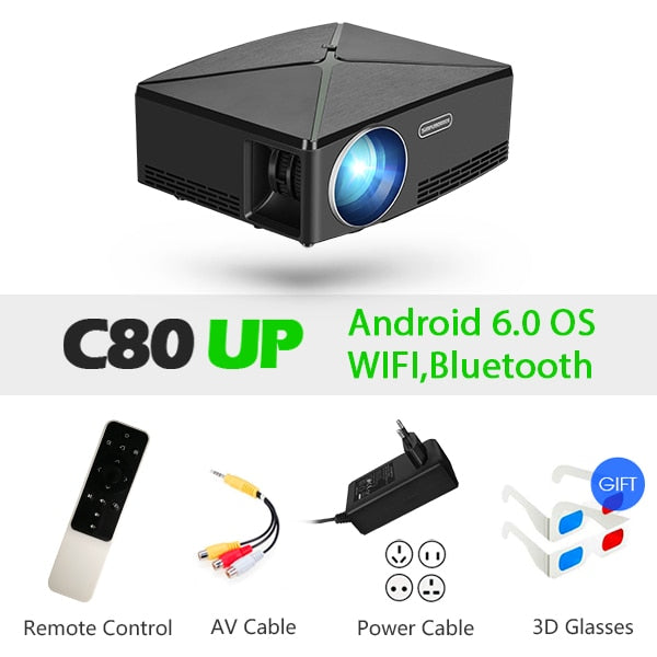 AUN MINI Projector C80 UP, 1280x720 Resolution, Android WIFI Proyector, LED Portable HD Beamer for Home Cinema, Optional C80