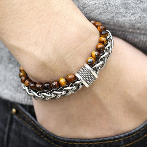 Trendsmax Natural Map Stone Men's Beaded Bracelet for women Stainless Steel Bracelets Male Jewelry Tiger eye 8 9 10 inch DB33