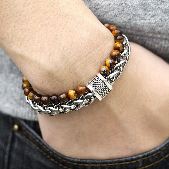 Trendsmax Natural Map Stone Men's Beaded Bracelet for women Stainless Steel Bracelets Male Jewelry Tiger eye 8 9 10 inch DB33